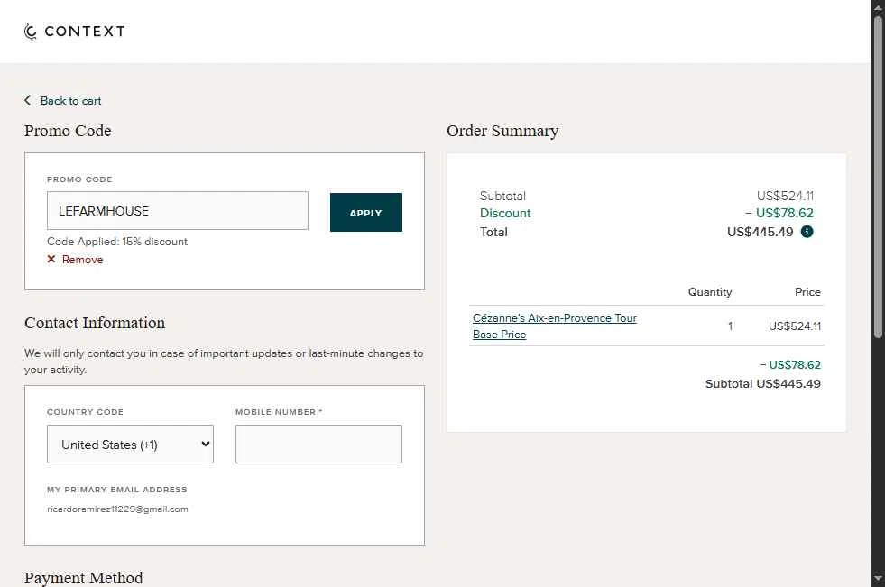 Context Travel checkout page showing Context Travel promo code box | Screenshot taken by SimplyCodes community member on Dec 29, 2025
