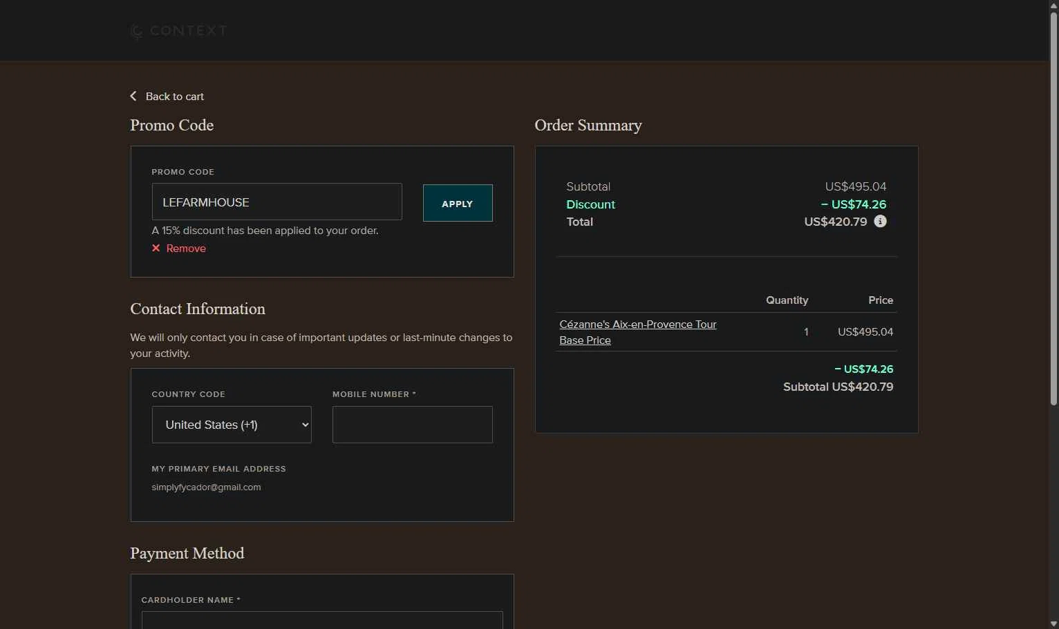 Context Travel checkout page showing Context Travel promo code box | Screenshot taken by SimplyCodes community member on Oct 31, 2025