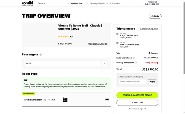 Contiki checkout page showing Contiki discount code box | Screenshot taken by SimplyCodes community member on Aug 27, 2025