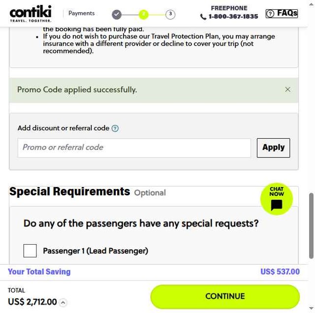 Contiki checkout page showing Contiki discount code box | Screenshot taken by SimplyCodes community member on May 22, 2025