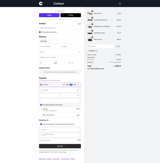 Contour Design checkout page showing Contour Design discount code box | Screenshot taken by SimplyCodes community member on Aug 28, 2025
