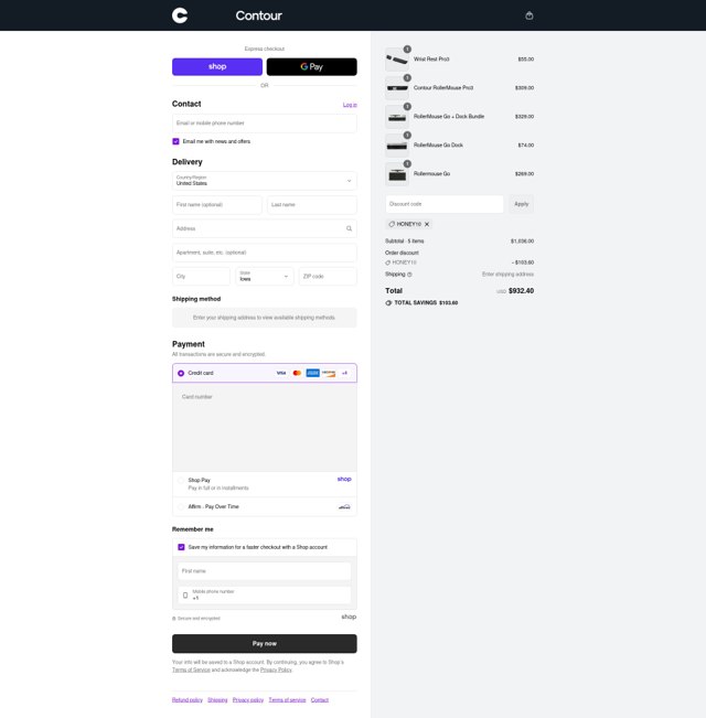 Contour Design checkout page showing Contour Design discount code box | Screenshot taken by SimplyCodes community member on Sep 2, 2025