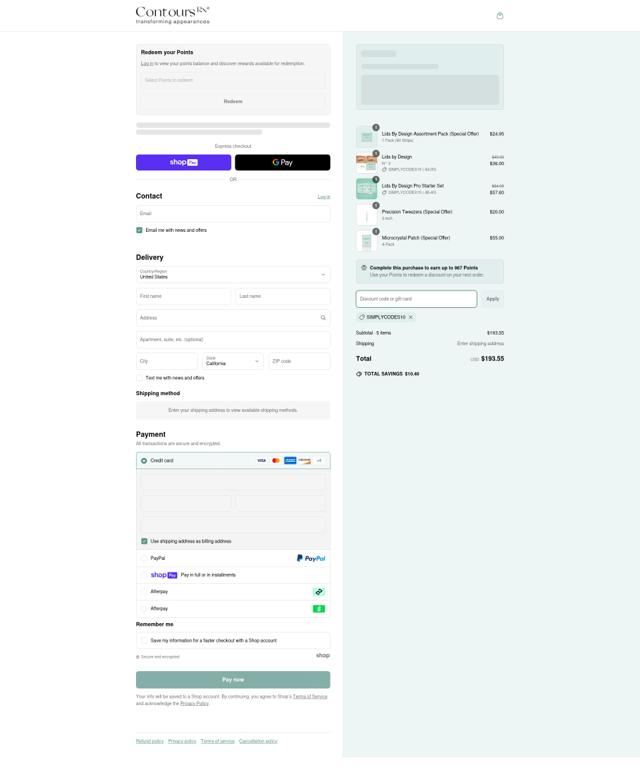 Contours Rx checkout page showing Contours Rx discount code box | Screenshot taken by SimplyCodes community member on Jun 19, 2025