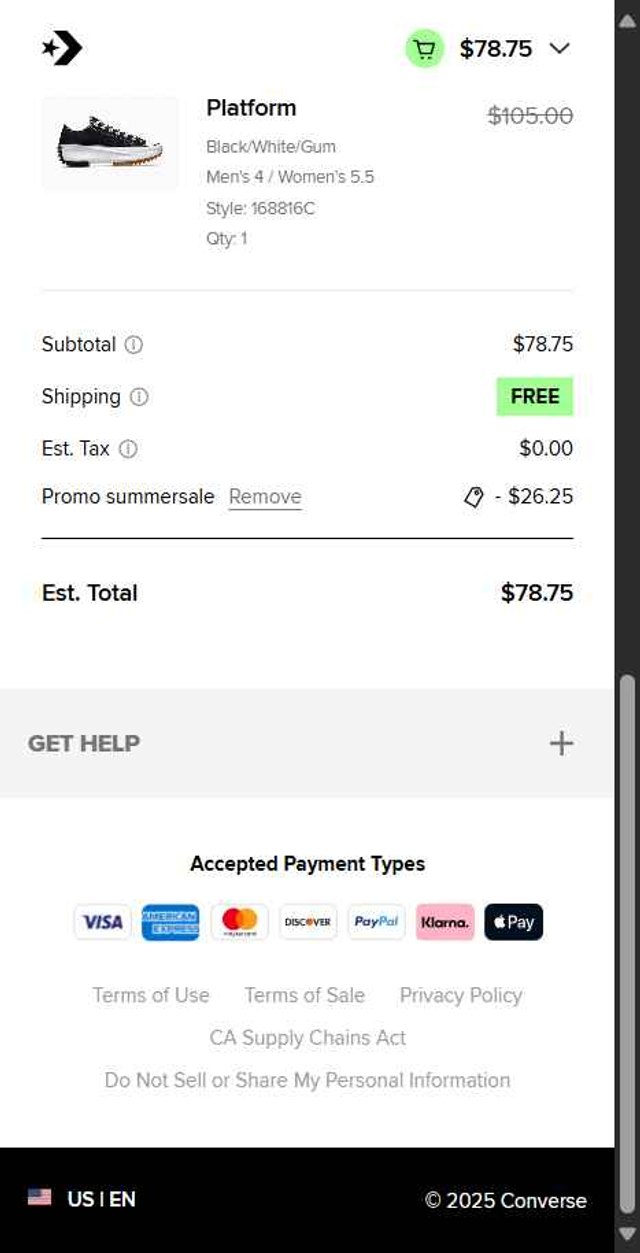 Converse checkout page showing Converse promo code box | Screenshot taken by SimplyCodes community member on Jul 20, 2025