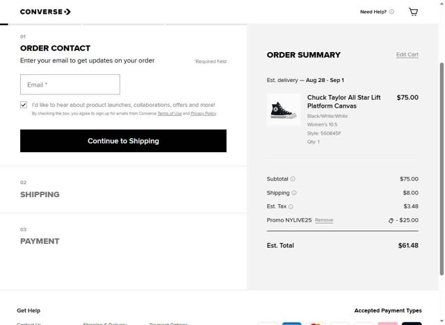 Converse checkout page showing Converse promo code box | Screenshot taken by SimplyCodes community member on Aug 22, 2025
