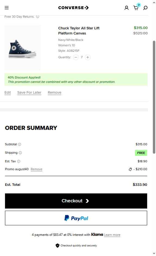Converse checkout page showing Converse promo code box | Screenshot taken by SimplyCodes community member on Aug 8, 2025
