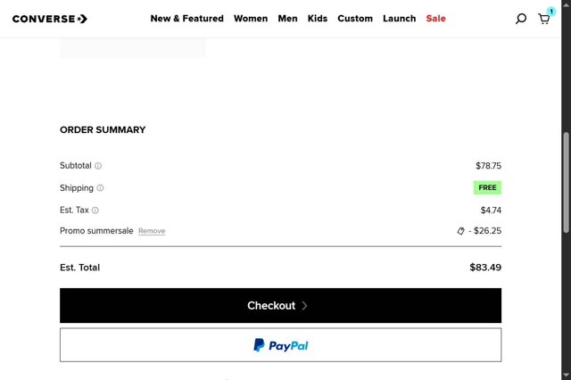 Converse checkout page showing Converse promo code box | Screenshot taken by SimplyCodes community member on Jul 30, 2025