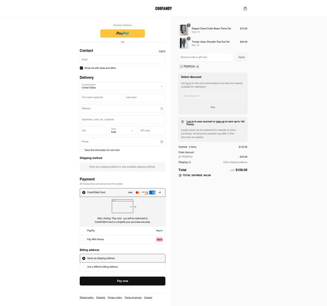 Coofandy checkout page showing Coofandy discount code box | Screenshot taken by SimplyCodes community member on Aug 27, 2025