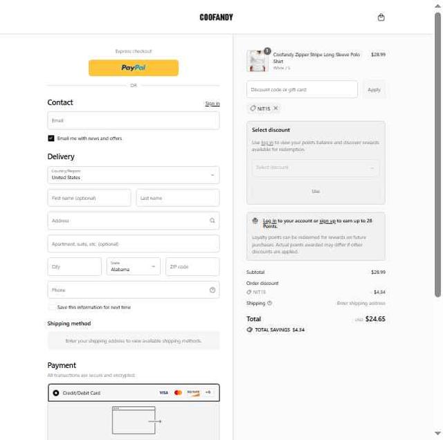 Coofandy checkout page showing Coofandy discount code box | Screenshot taken by SimplyCodes community member on Sep 13, 2025