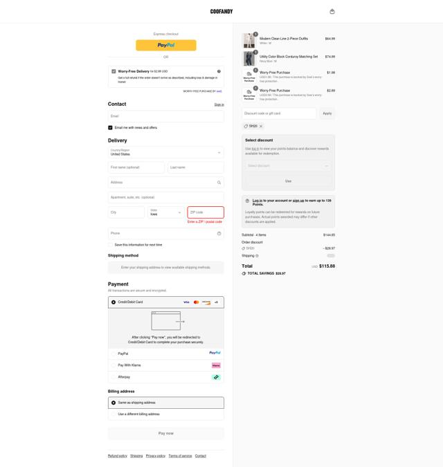 Coofandy checkout page showing Coofandy discount code box | Screenshot taken by SimplyCodes community member on Sep 13, 2025