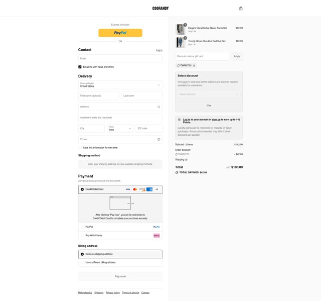 Coofandy checkout page showing Coofandy discount code box | Screenshot taken by SimplyCodes community member on Aug 27, 2025