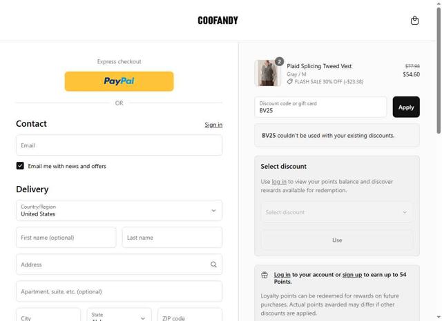 Coofandy checkout page showing Coofandy discount code box | Screenshot taken by SimplyCodes community member on Sep 13, 2025