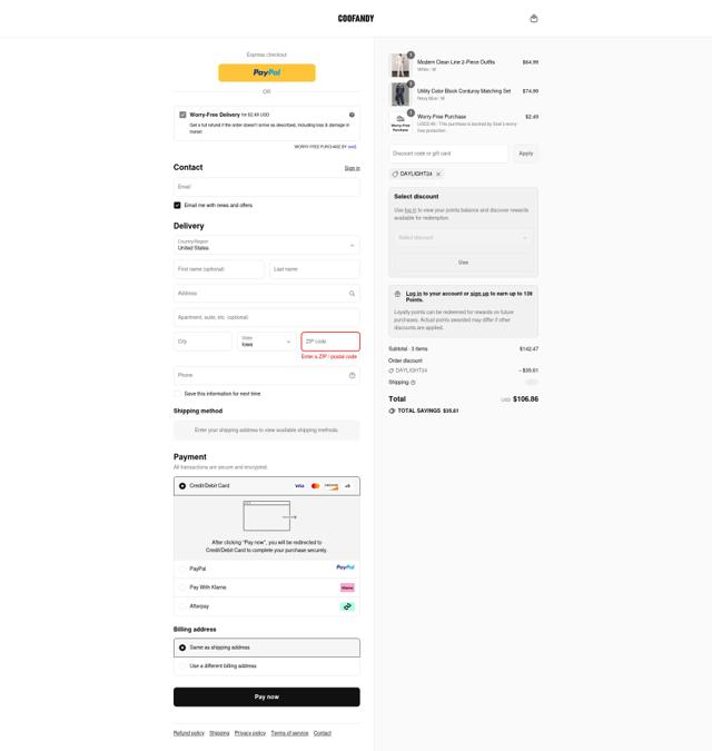 Coofandy checkout page showing Coofandy discount code box | Screenshot taken by SimplyCodes community member on Sep 13, 2025