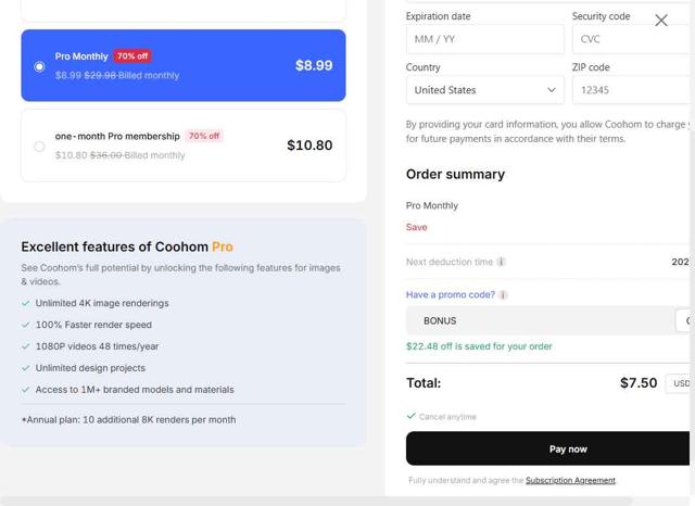 Coohom checkout page showing Coohom discount code box | Screenshot taken by SimplyCodes community member on Aug 13, 2025