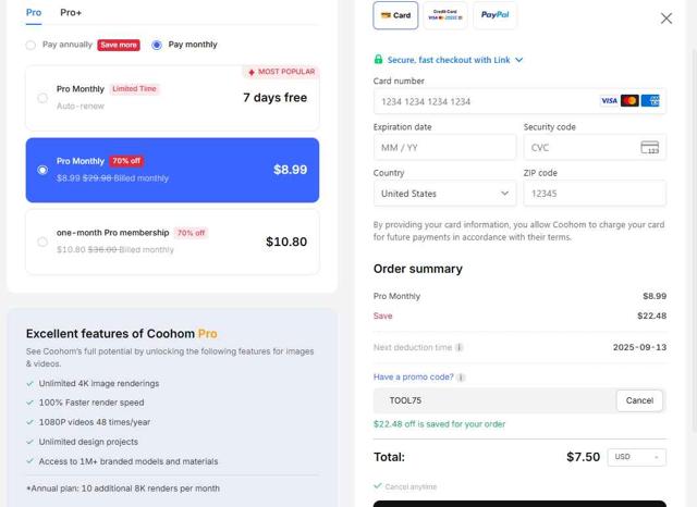 Coohom checkout page showing Coohom discount code box | Screenshot taken by SimplyCodes community member on Aug 13, 2025