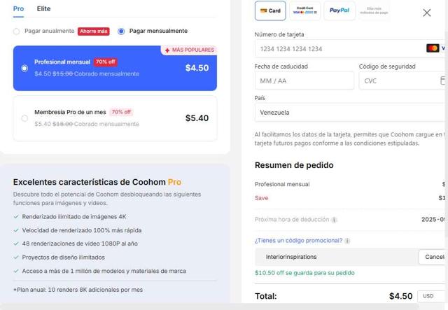 Coohom checkout page showing Coohom discount code box | Screenshot taken by SimplyCodes community member on Aug 16, 2025