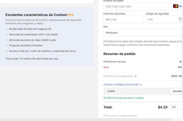 Coohom checkout page showing Coohom discount code box | Screenshot taken by SimplyCodes community member on Aug 13, 2025