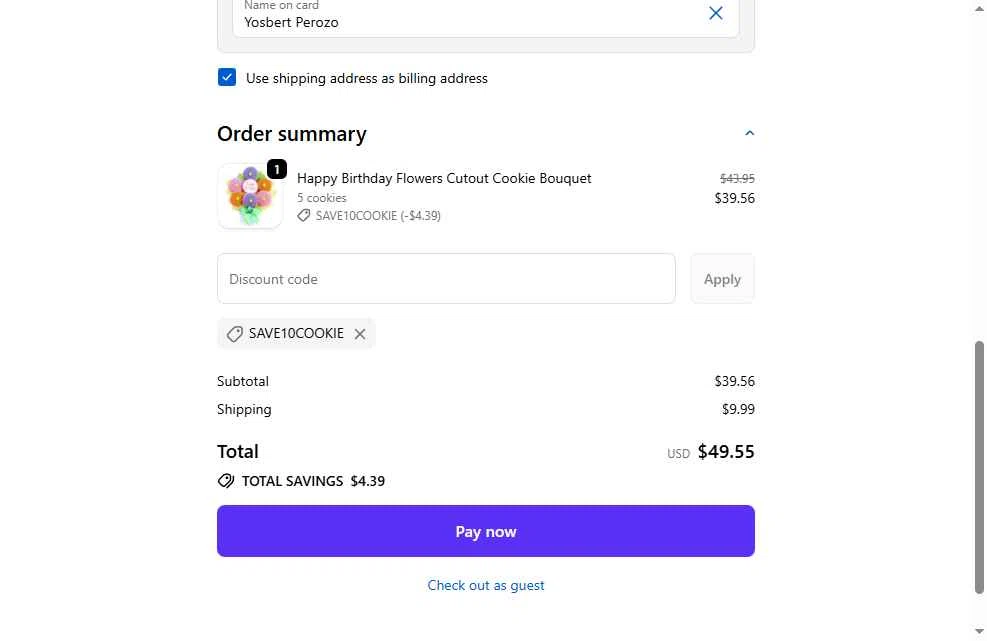 Cookie Bouquets checkout page showing Cookie Bouquets coupon code box | Screenshot taken by SimplyCodes community member on Jan 7, 2026