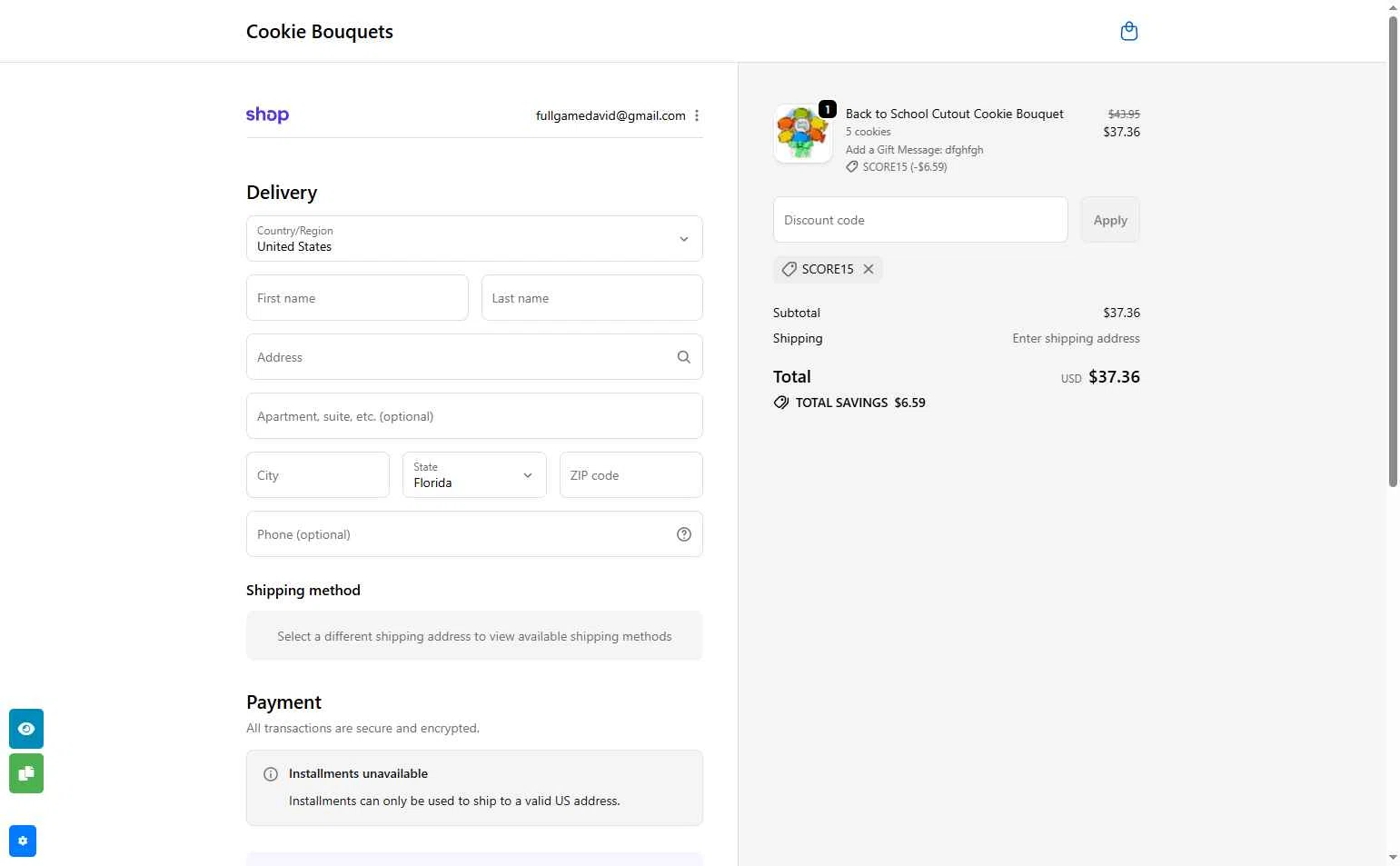 Cookie Bouquets checkout page showing Cookie Bouquets coupon code box | Screenshot taken by SimplyCodes community member on Nov 12, 2025