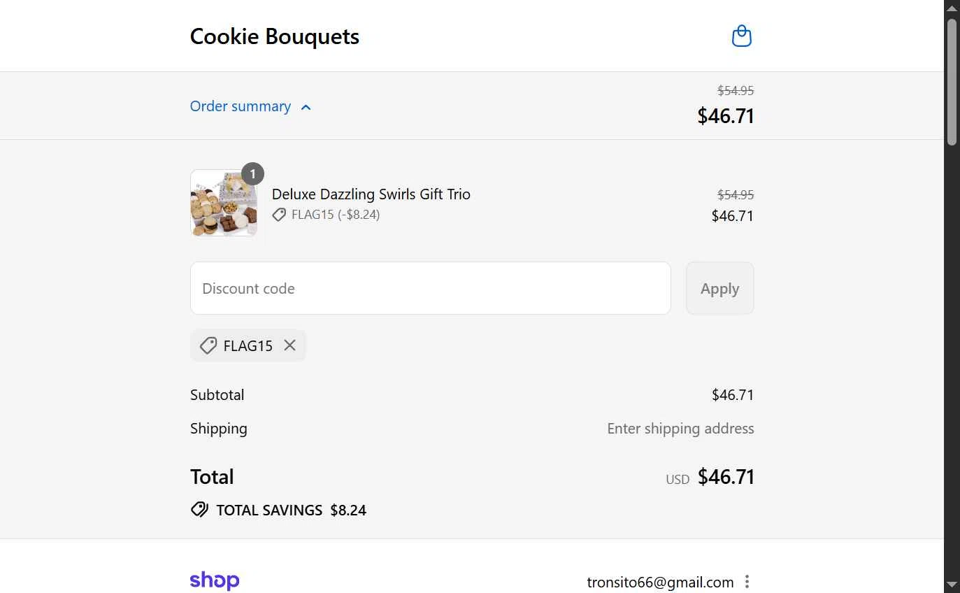Cookie Bouquets checkout page showing Cookie Bouquets coupon code box | Screenshot taken by SimplyCodes community member on Sep 6, 2025