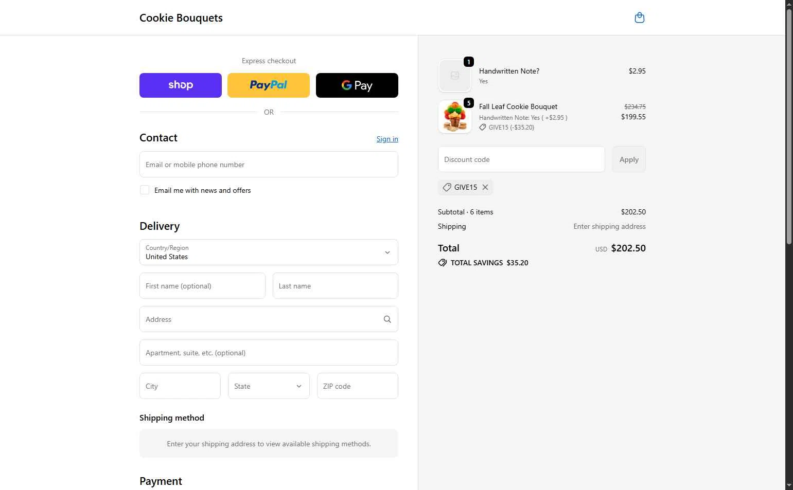 Cookie Bouquets checkout page showing Cookie Bouquets coupon code box | Screenshot taken by SimplyCodes community member on Nov 12, 2025