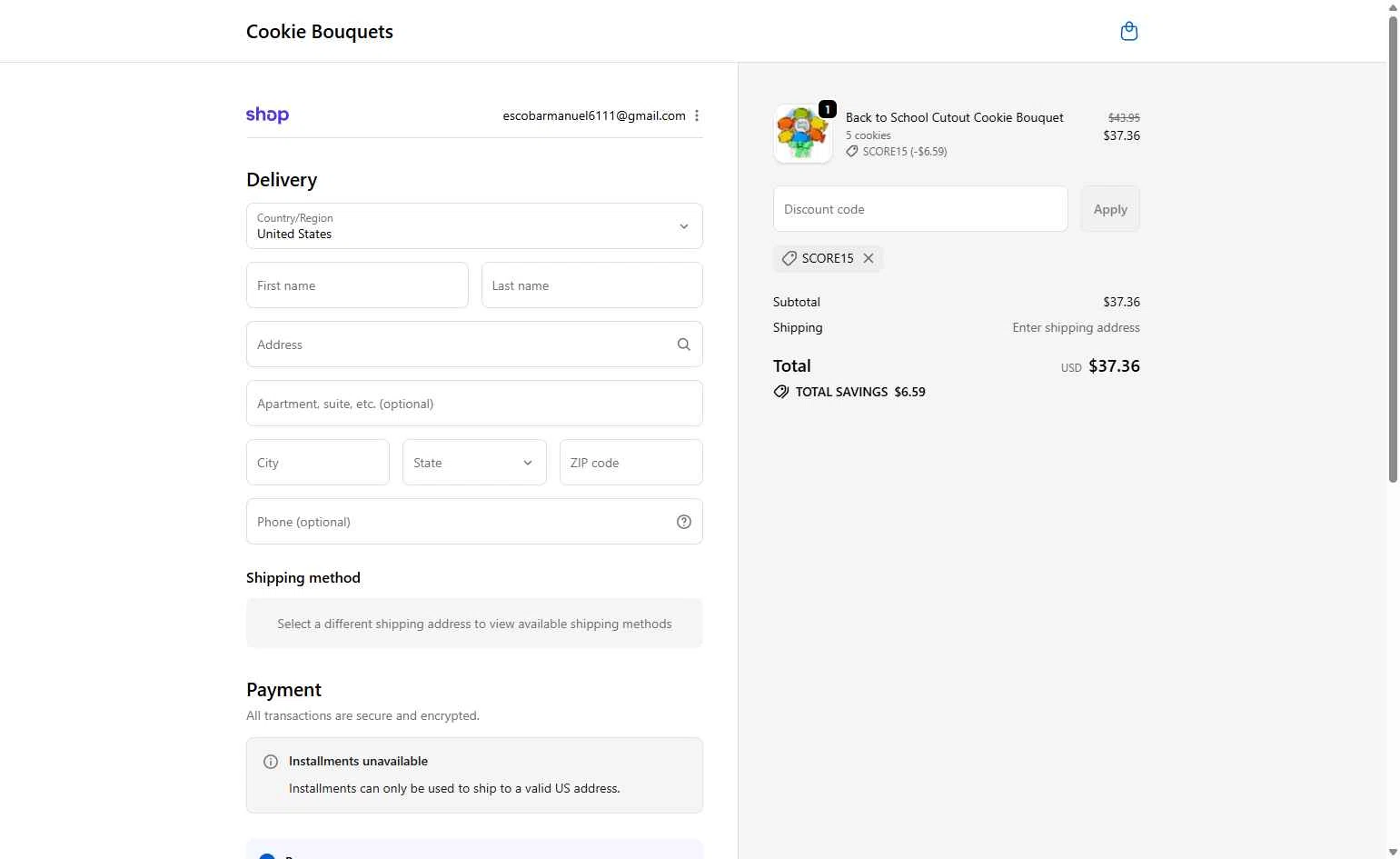 Cookie Bouquets checkout page showing Cookie Bouquets coupon code box | Screenshot taken by SimplyCodes community member on Oct 14, 2025
