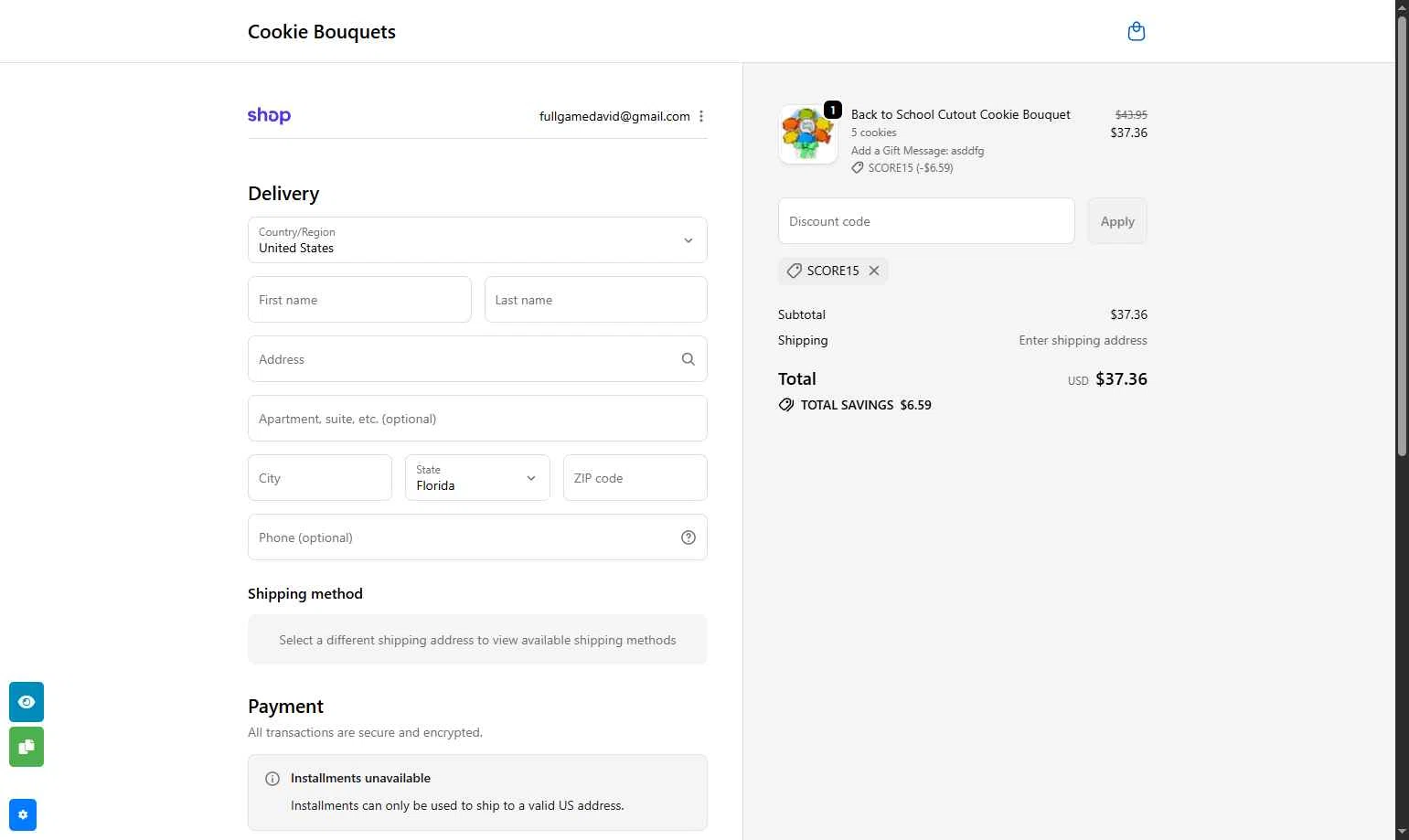 Cookie Bouquets checkout page showing Cookie Bouquets coupon code box | Screenshot taken by SimplyCodes community member on Nov 12, 2025