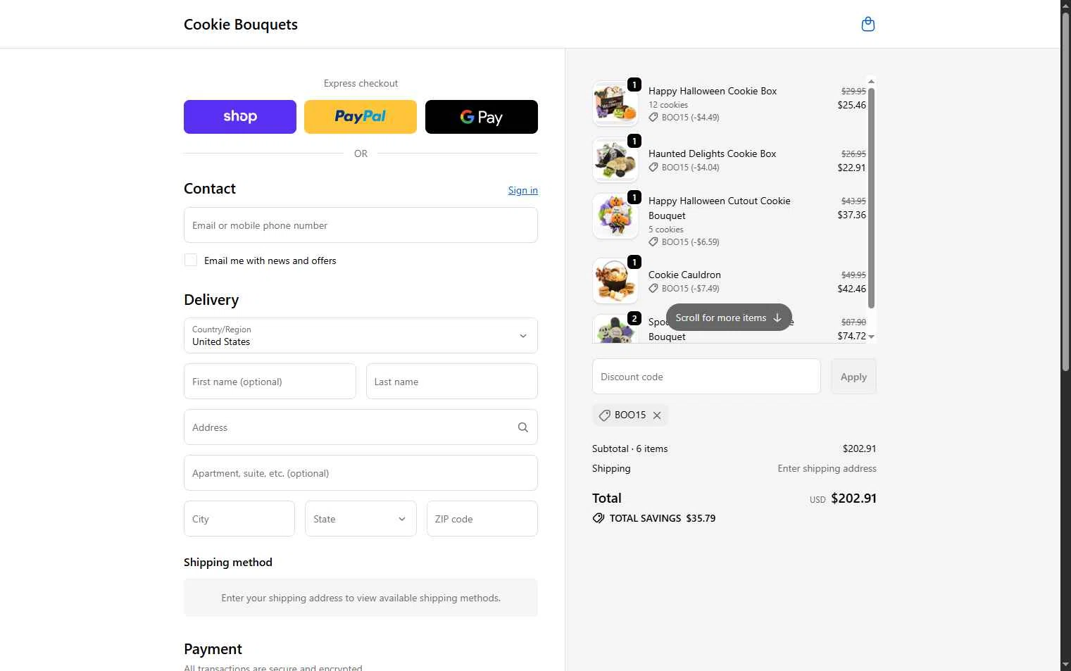 Cookie Bouquets checkout page showing Cookie Bouquets coupon code box | Screenshot taken by SimplyCodes community member on Oct 7, 2025