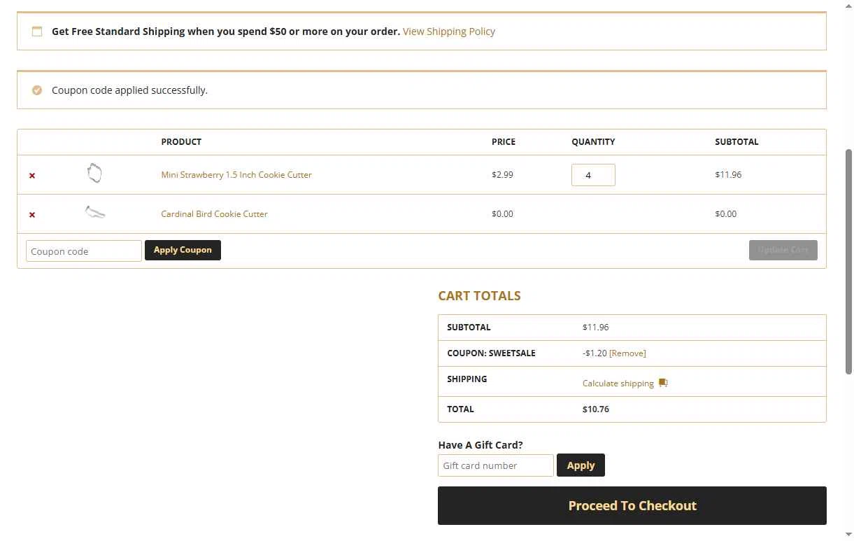The Cookie Cutter Shop checkout page showing The Cookie Cutter Shop coupon code box | Screenshot taken by SimplyCodes community member on Aug 23, 2025
