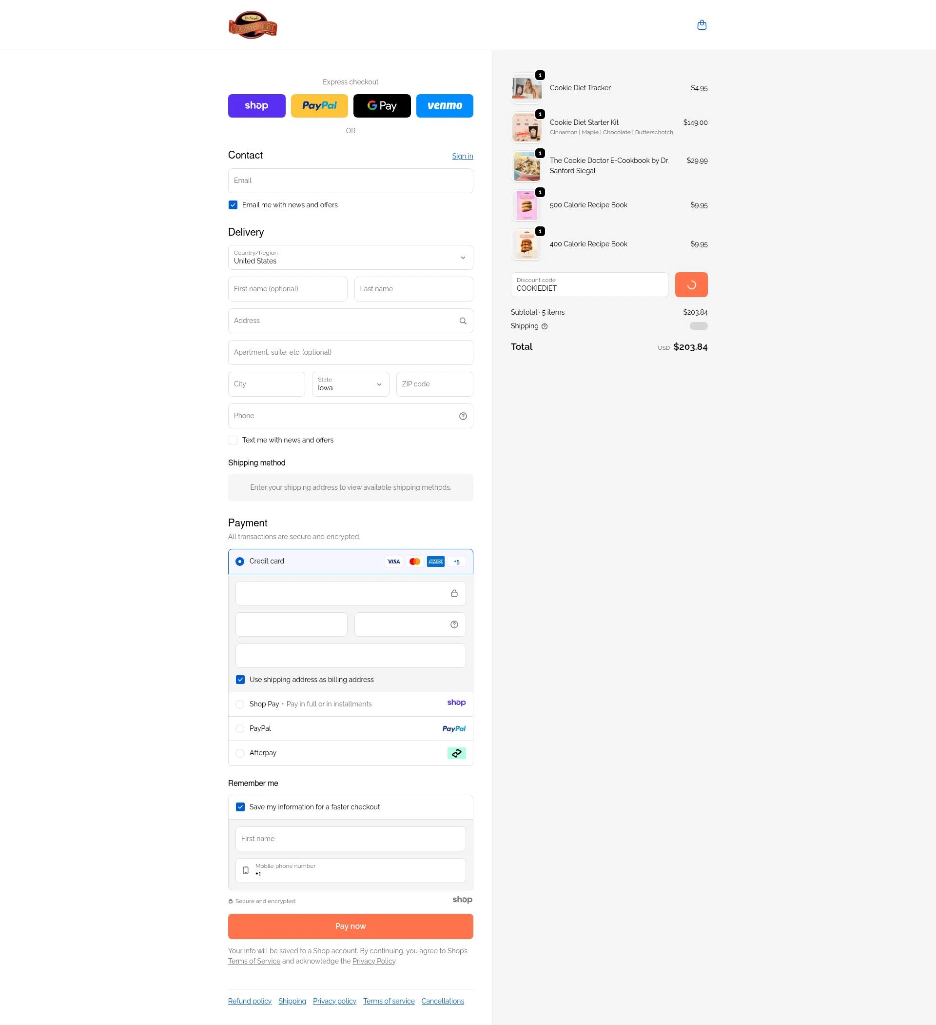Dr. Siegal's Cookie Diet checkout page showing Dr. Siegal's Cookie Diet promo code box | Screenshot taken by SimplyCodes community member on Jan 1, 2026