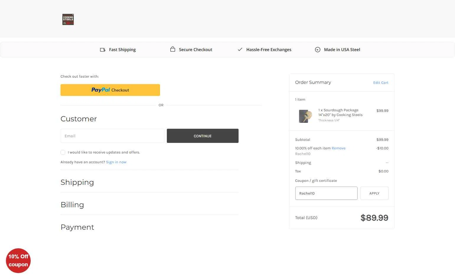 Cooking Steels checkout page showing Cooking Steels coupon code box | Screenshot taken by SimplyCodes community member on Dec 22, 2025