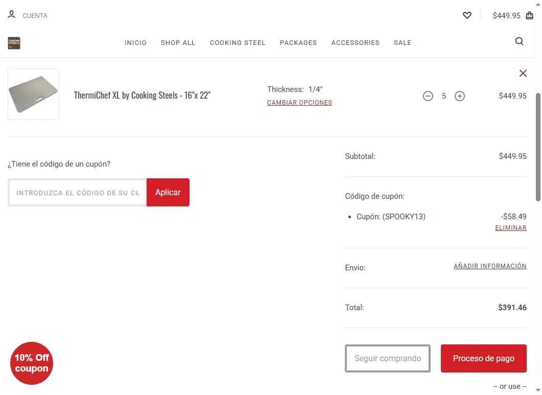 Cooking Steels checkout page showing Cooking Steels coupon code box | Screenshot taken by SimplyCodes community member on Nov 1, 2025