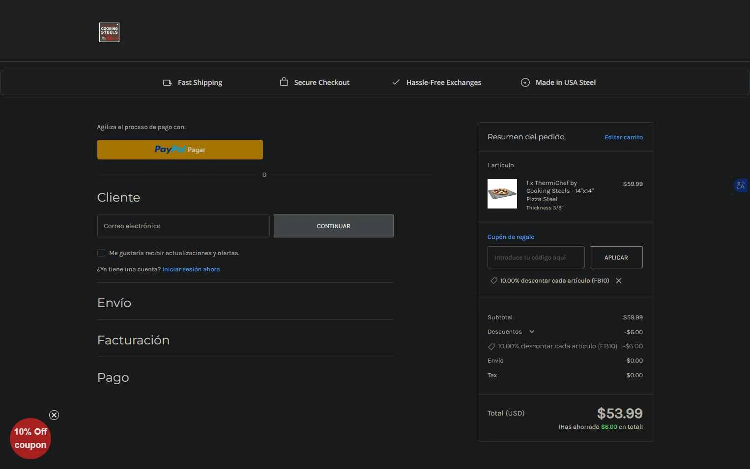 Cooking Steels checkout page showing Cooking Steels coupon code box | Screenshot taken by SimplyCodes community member on Jan 9, 2026