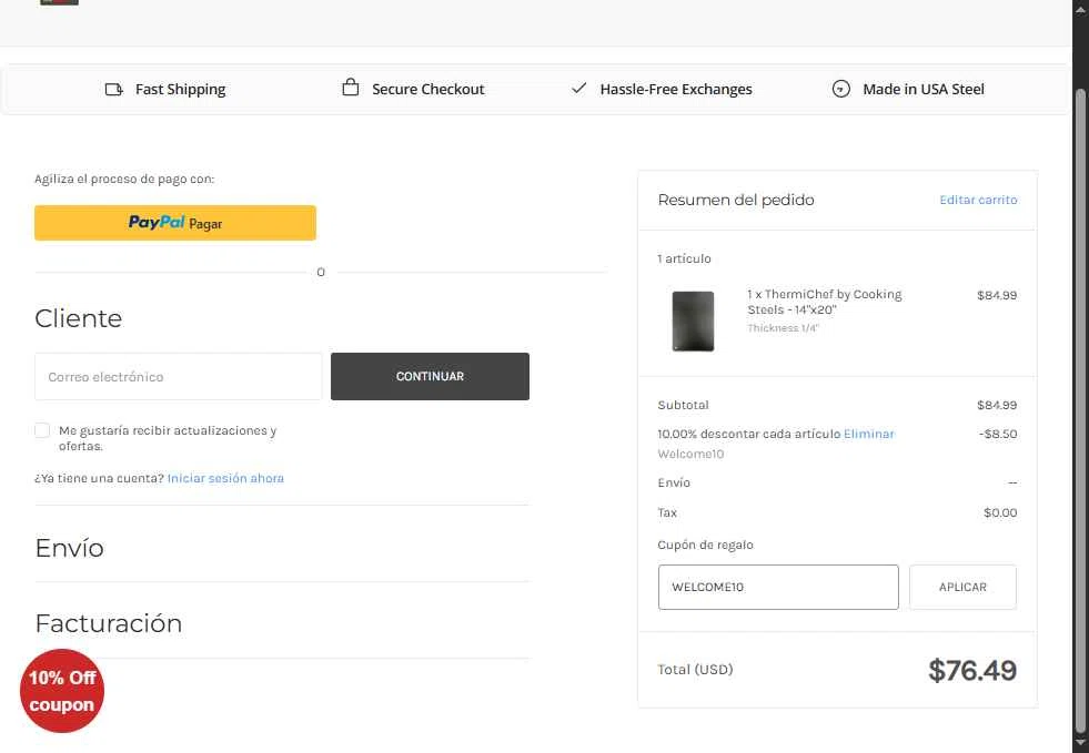 Cooking Steels checkout page showing Cooking Steels coupon code box | Screenshot taken by SimplyCodes community member on Oct 28, 2025