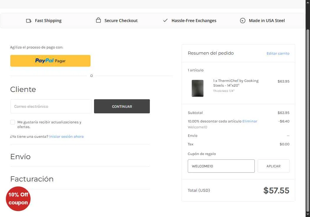 Cooking Steels checkout page showing Cooking Steels coupon code box | Screenshot taken by SimplyCodes community member on Nov 26, 2025