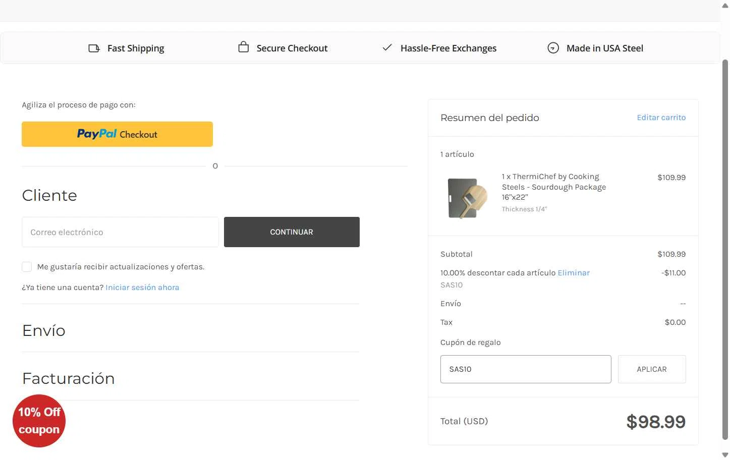 Cooking Steels checkout page showing Cooking Steels coupon code box | Screenshot taken by SimplyCodes community member on Nov 4, 2025