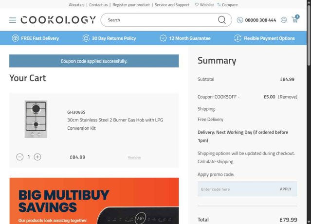 Cookology checkout page showing Cookology promo code box | Screenshot taken by SimplyCodes community member on Aug 21, 2025