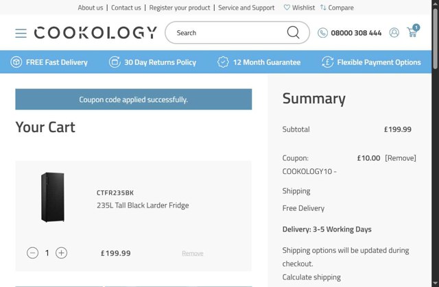 Cookology checkout page showing Cookology promo code box | Screenshot taken by SimplyCodes community member on Jul 28, 2025
