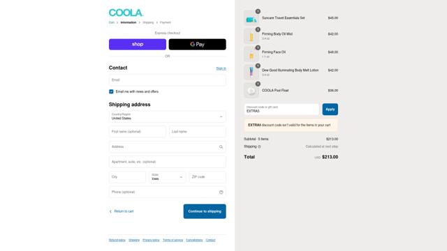 Coola checkout page showing Coola discount code box | Screenshot taken by SimplyCodes community member on Sep 14, 2025