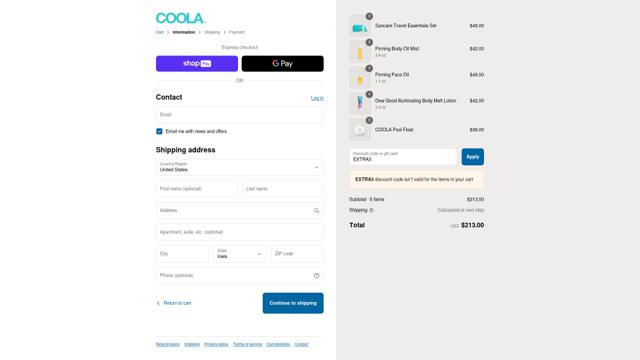 Coola checkout page showing Coola discount code box | Screenshot taken by SimplyCodes community member on Aug 15, 2025