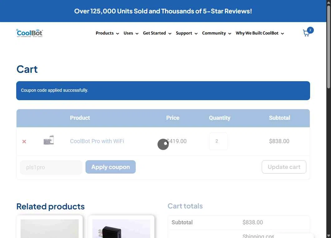 CoolBot checkout page showing CoolBot coupon code box | Screenshot taken by SimplyCodes community member on Nov 12, 2025