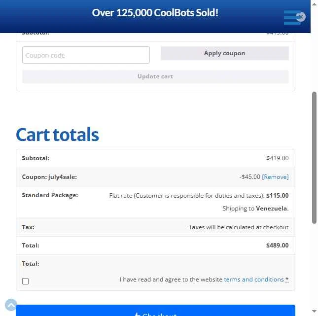 CoolBot checkout page showing CoolBot coupon code box | Screenshot taken by SimplyCodes community member on Jul 3, 2025