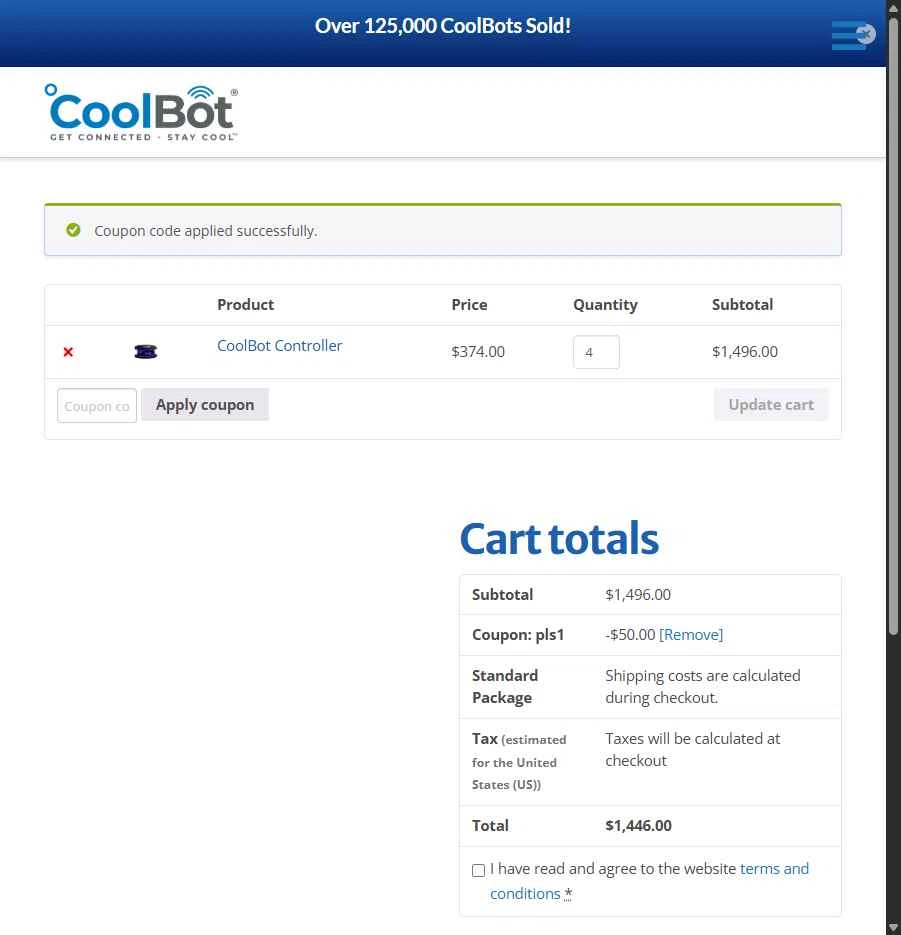 CoolBot checkout page showing CoolBot coupon code box | Screenshot taken by SimplyCodes community member on Apr 23, 2025