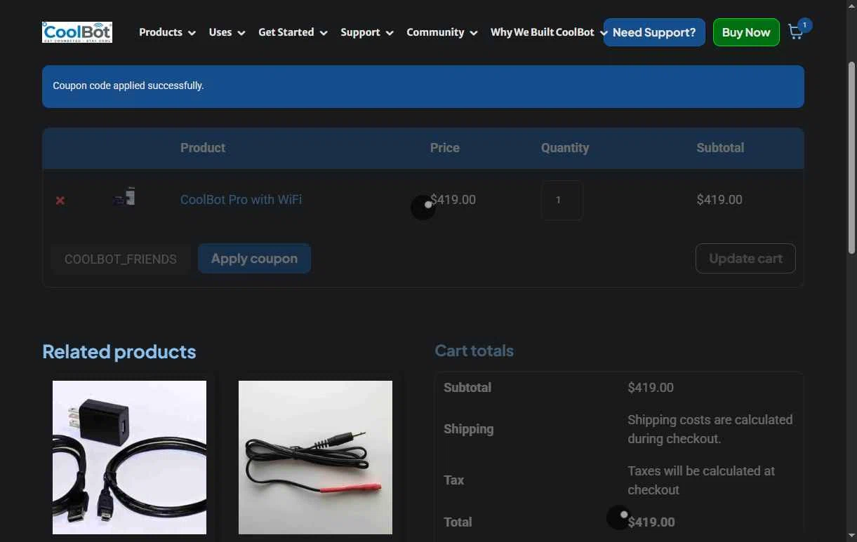 CoolBot checkout page showing CoolBot coupon code box | Screenshot taken by SimplyCodes community member on Jan 8, 2026