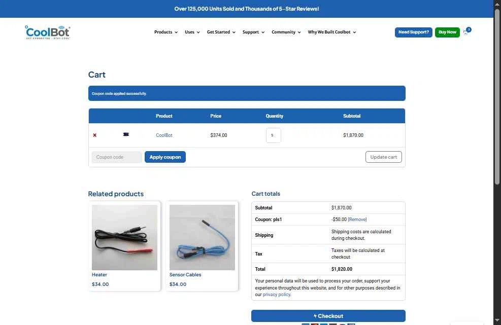 CoolBot checkout page showing CoolBot coupon code box | Screenshot taken by SimplyCodes community member on Nov 9, 2025