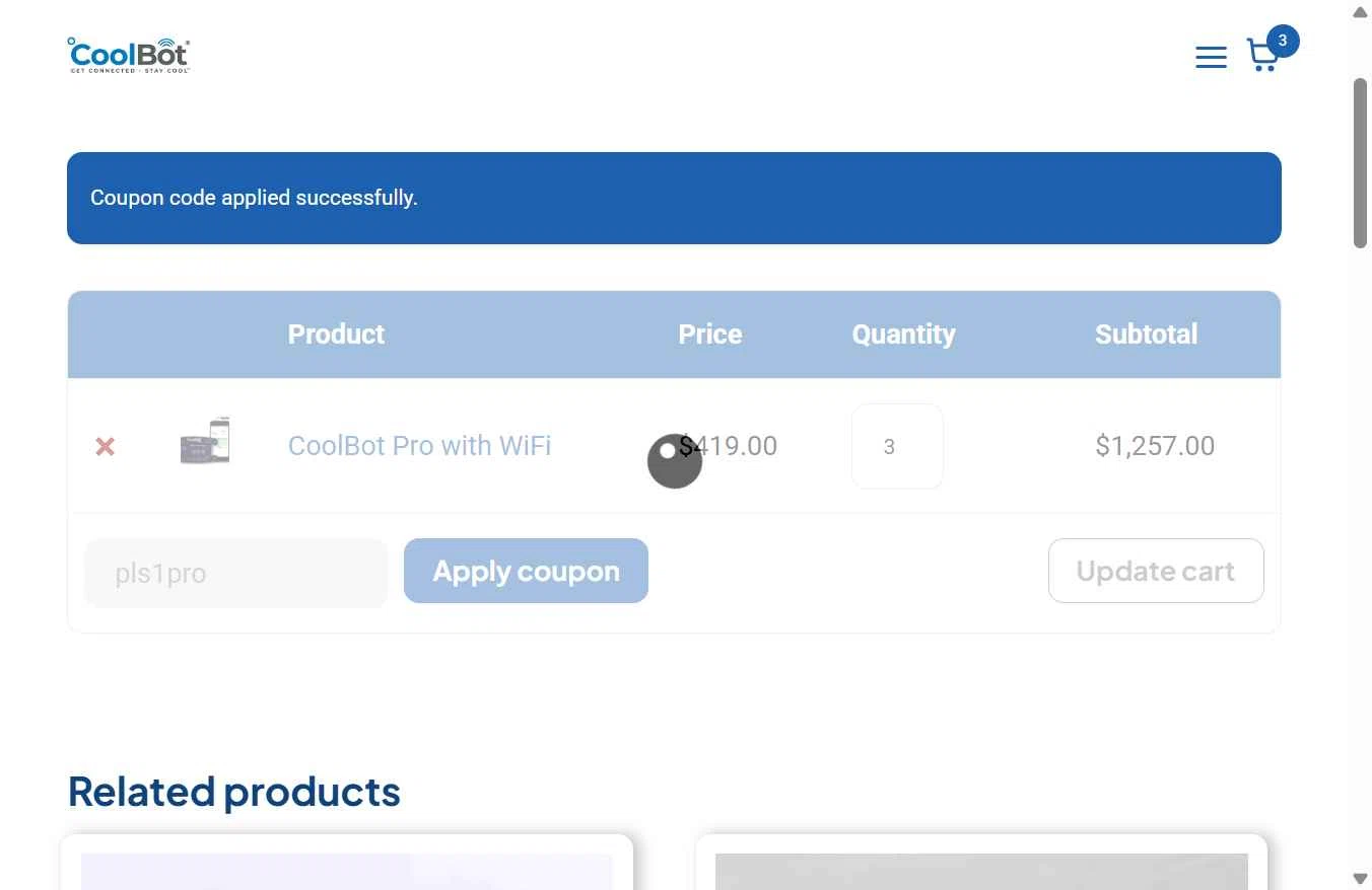 CoolBot checkout page showing CoolBot coupon code box | Screenshot taken by SimplyCodes community member on Nov 12, 2025