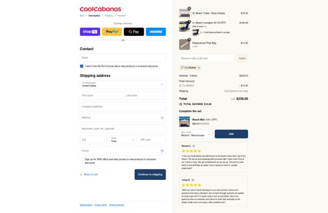 CoolCabanas checkout page showing CoolCabanas discount code box | Screenshot taken by SimplyCodes community member on Aug 25, 2025