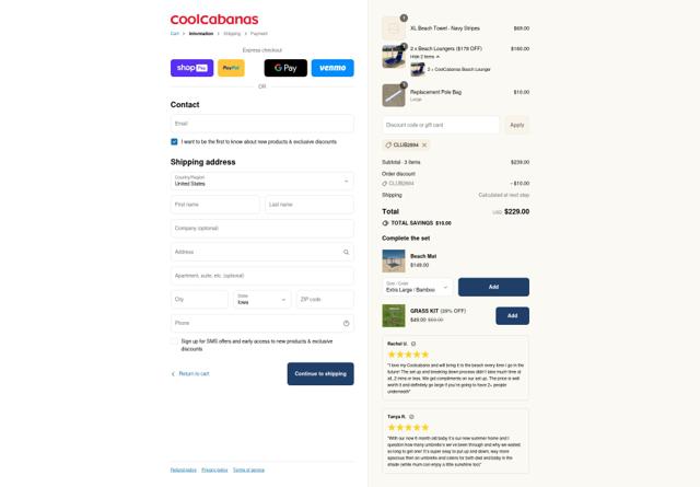 CoolCabanas checkout page showing CoolCabanas discount code box | Screenshot taken by SimplyCodes community member on Aug 10, 2025