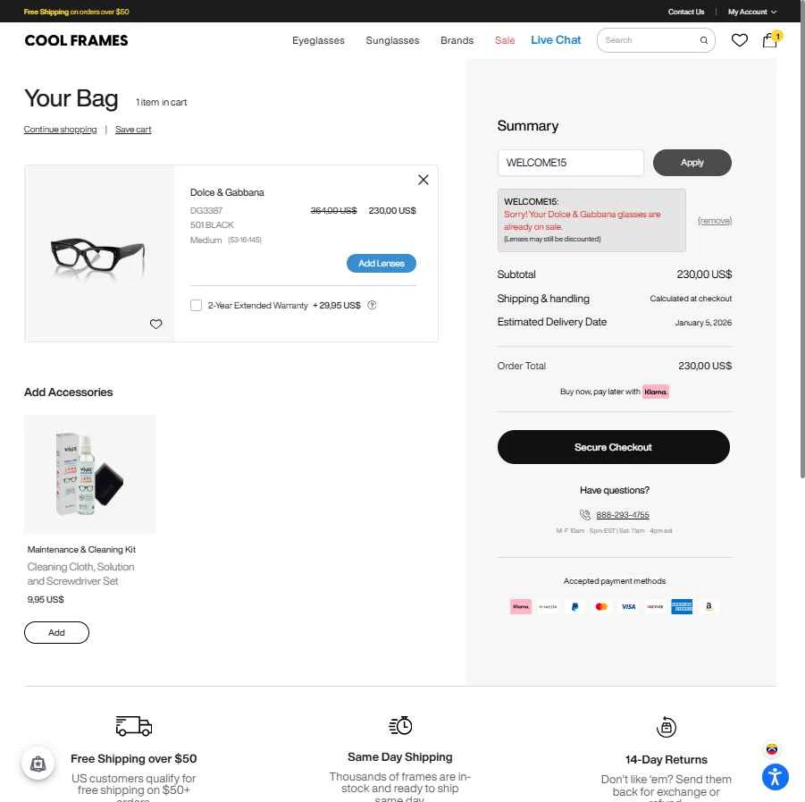 CoolFrames.com checkout page showing CoolFrames.com discount code box | Screenshot taken by SimplyCodes community member on Dec 29, 2025