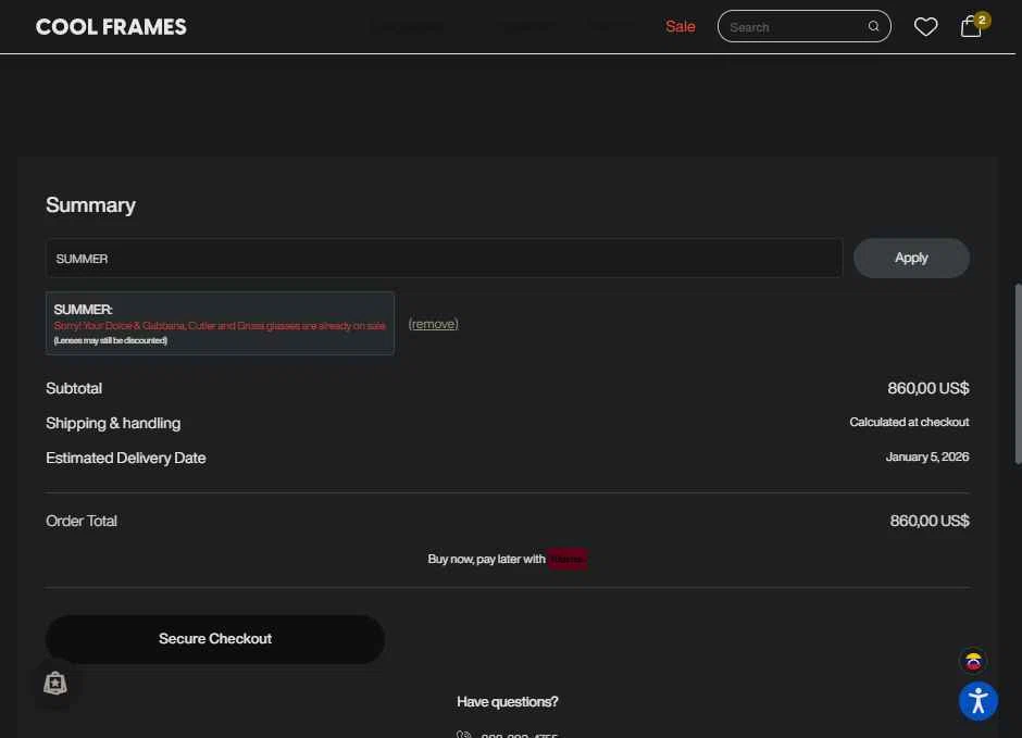 CoolFrames.com checkout page showing CoolFrames.com discount code box | Screenshot taken by SimplyCodes community member on Dec 29, 2025